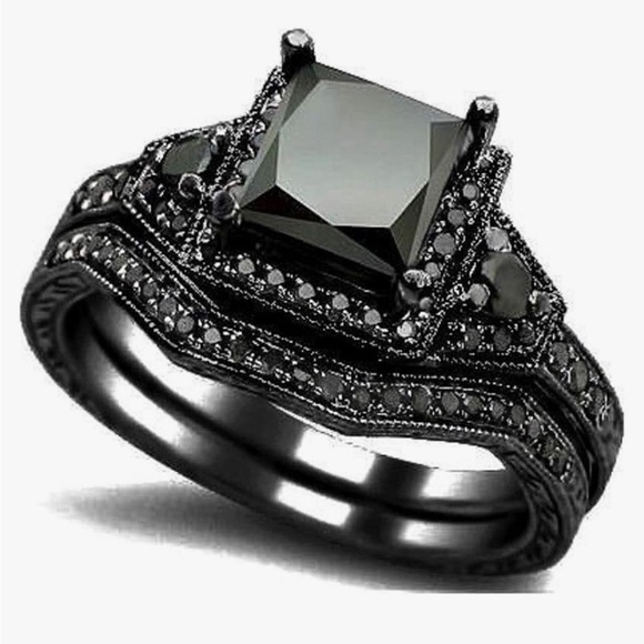 Jewelry - Black Onyx Princess Cut Anniversary Wedding Bridal Ring set
